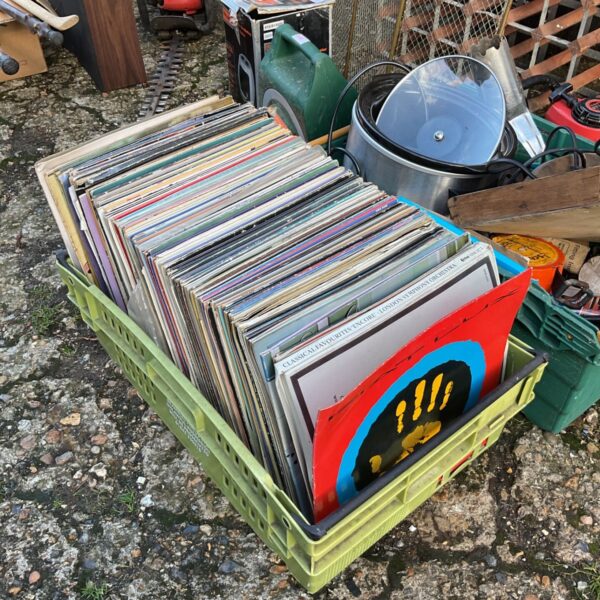 Crate of 12 inch vinyl records with London Symphony Orchestra LP visible