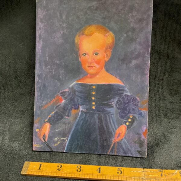 Antique naive folk art portrait of a young child in a blue button front dress