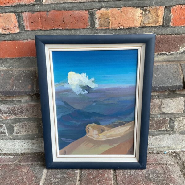 Framed 20th century gouache landscape with luminous white cloud and blue sky