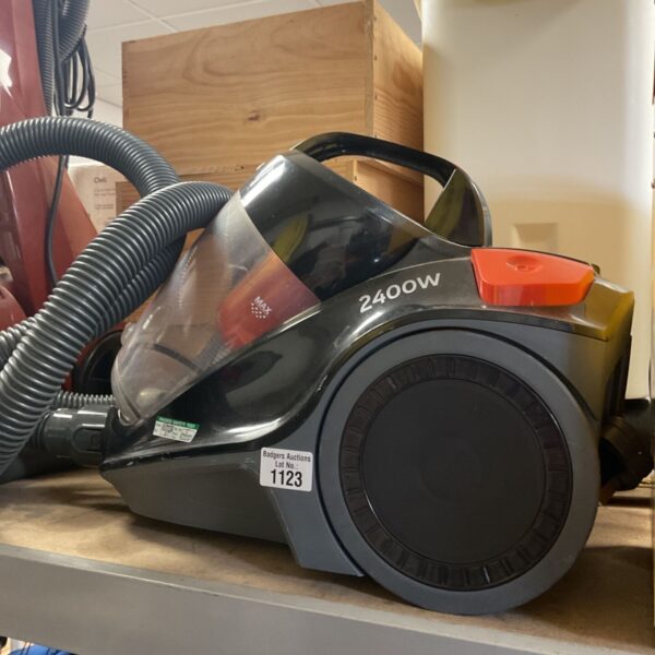 Black and grey 2400W MAX cylinder vacuum cleaner with clear dust container