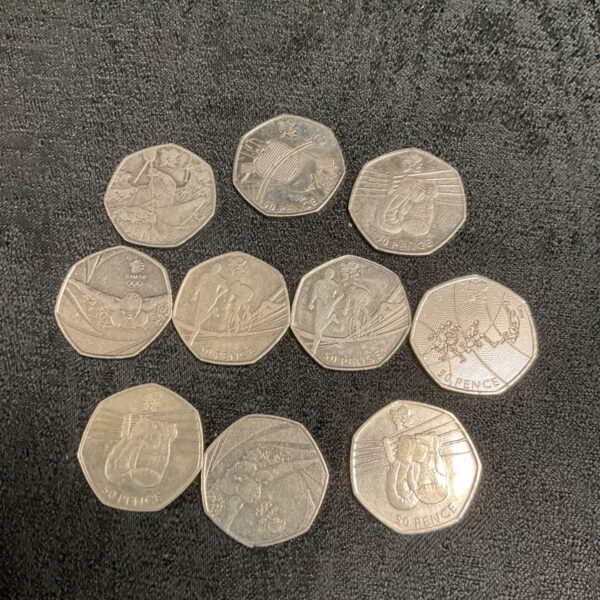 Collection of 50p coins featuring London Olympics and sports designs.