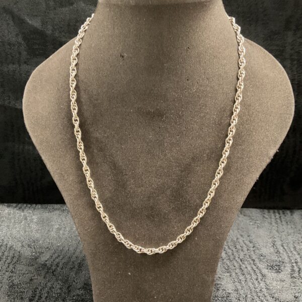 925 sterling silver rope chain necklace displayed on a dark bust stand