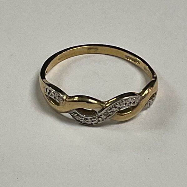 9ct gold two-tone infinity ring with interlaced yellow and white gold bands