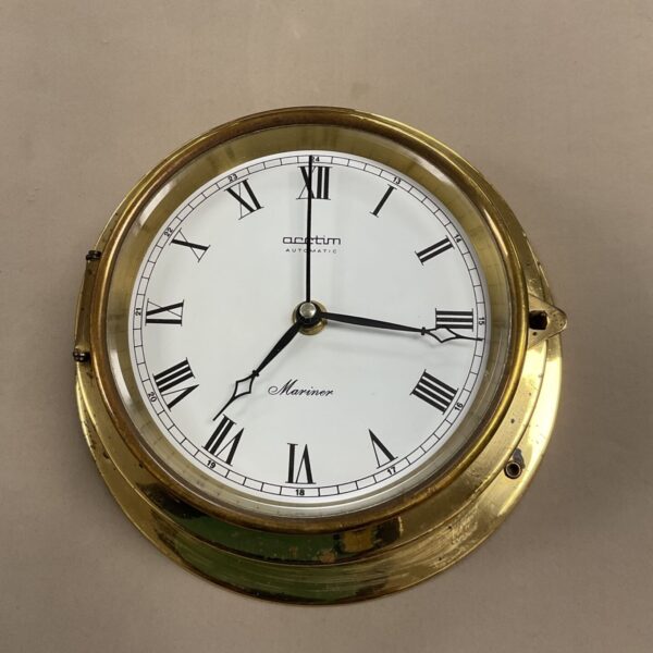 Acctim Automatic Mariner brass bulkhead clock with white Roman numeral dial