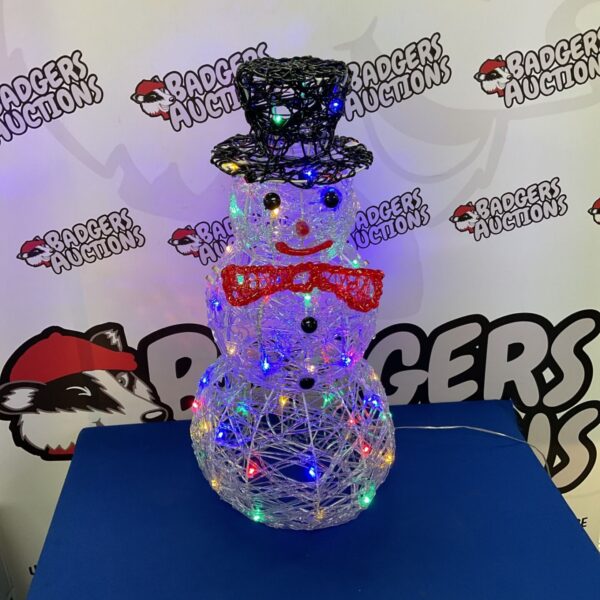 Illuminated acrylic snowman with multi-coloured LED lights.