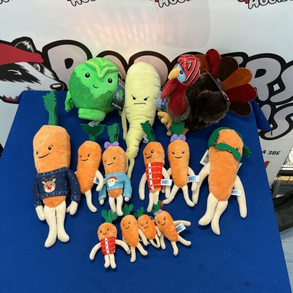 Aldi plush toy collection featuring a carrot, brussel sprout, and turkey.
