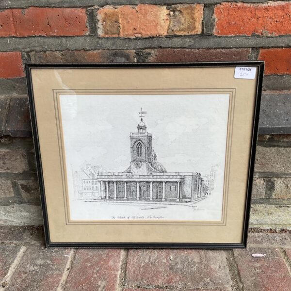 Framed pen and ink drawing of All Saints Church, Northampton, in black frame