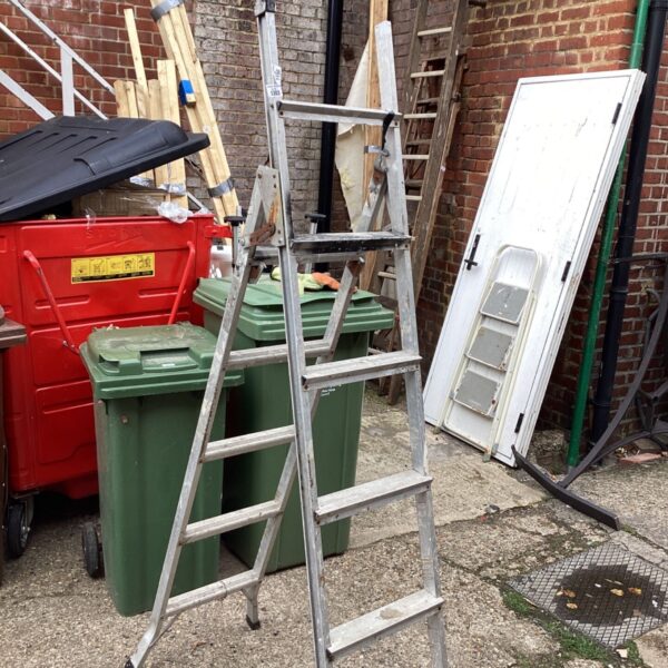 Aluminium step ladder leaning against a wall in a garden setting.