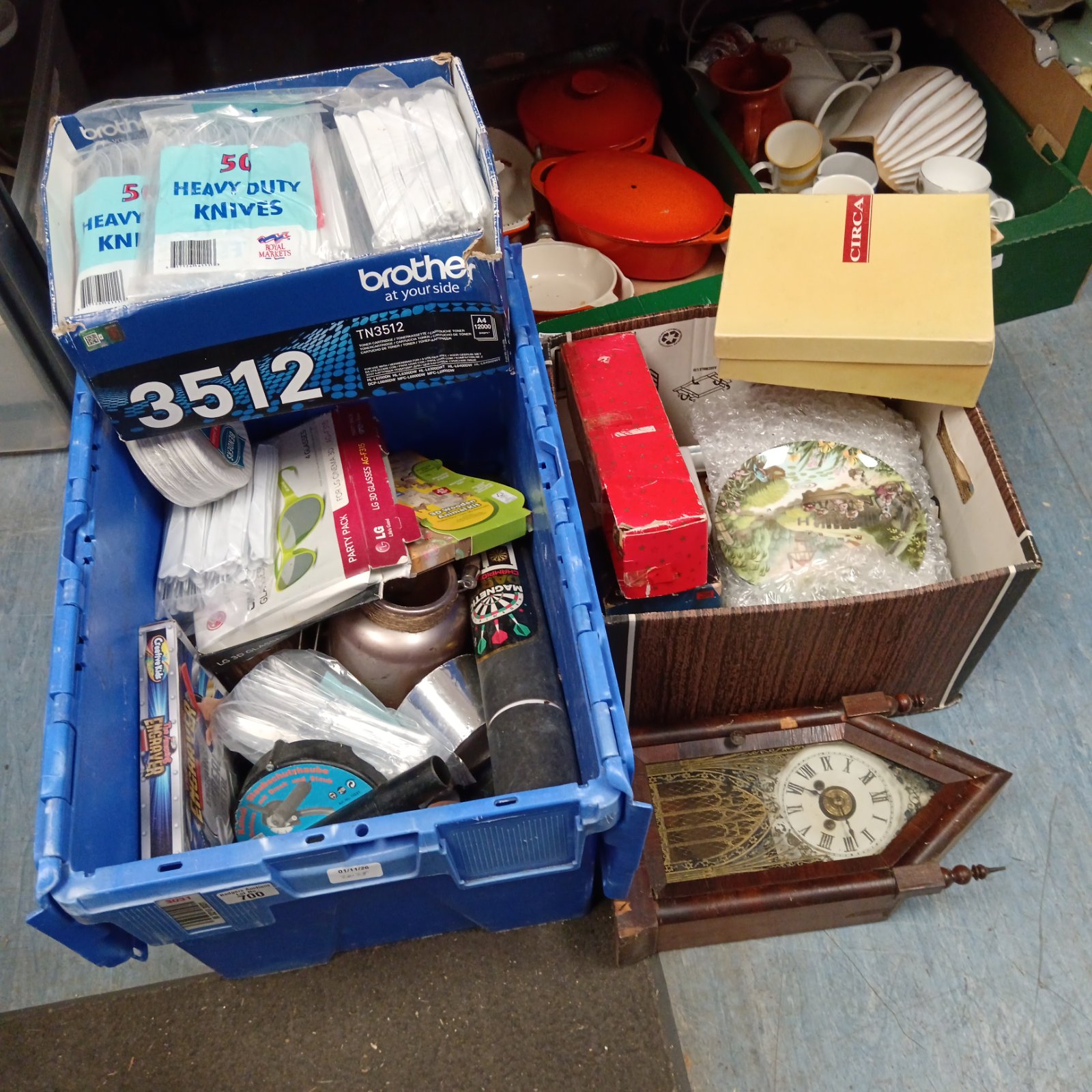 Two boxes of mixed lots with wooden American clock and decorative plate