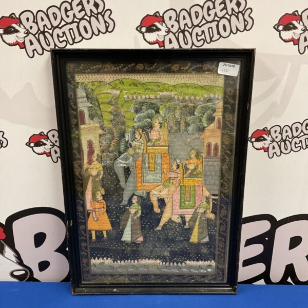 Framed Anglo-Indian watercolour on silk showing a royal procession with elephants