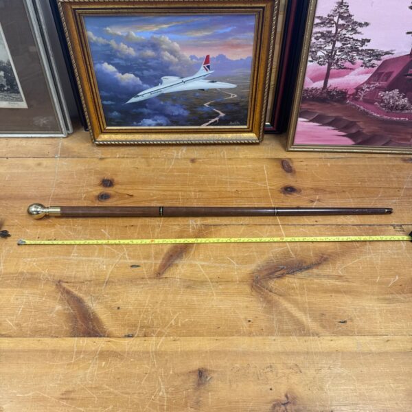 Antique walking cane with hidden compartment displayed with paintings.