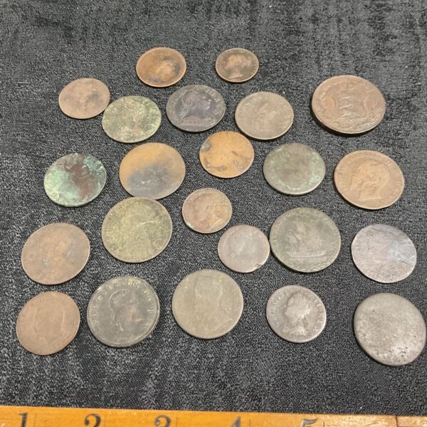 Group of antique copper coins including a George III portrait example