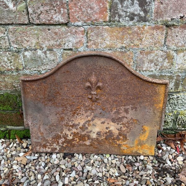 Antique cast iron fireplace back with fleur de lis design.