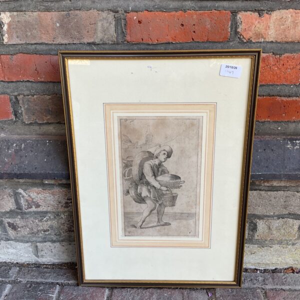 Antique framed engraving Canestrara The Basket Maker by Simon Guillain after Carracci