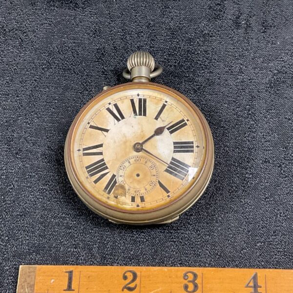 Antique Goliath open face pocket watch with cream Roman numeral dial and steel hands