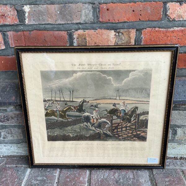 Framed antique Henry Alken engraving of the first steeplechase on record, black gilt frame