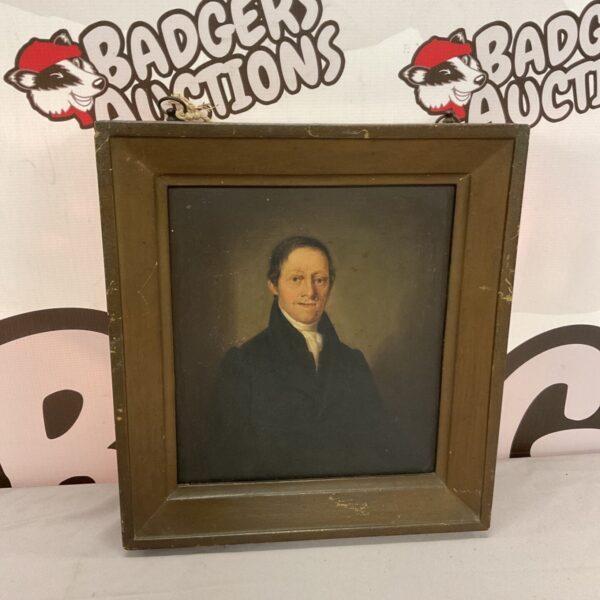 Antique oil painting on tin of a gentleman in a folk art style.