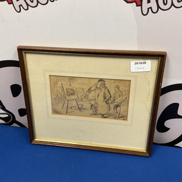 Framed antique pen and ink satirical cartoon of cow painting judging scene