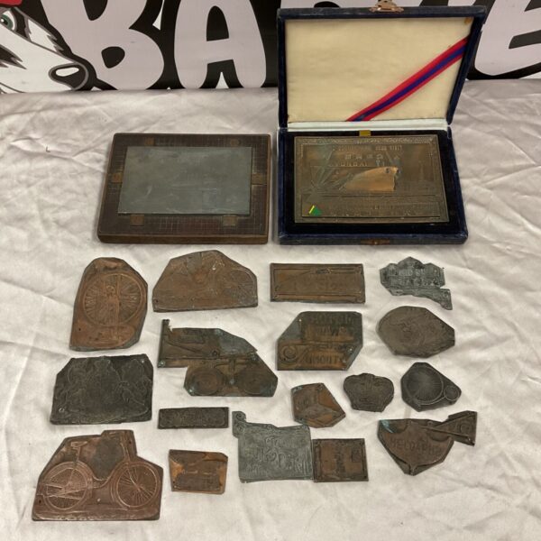 Antique printers blocks and Hyundai commemorative plaque in blue velvet case