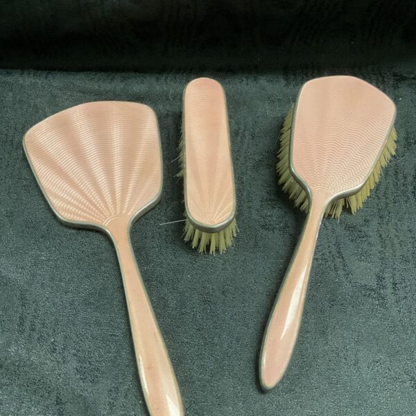 Antique silver plate pink enamel dressing table set with engine turned decoration
