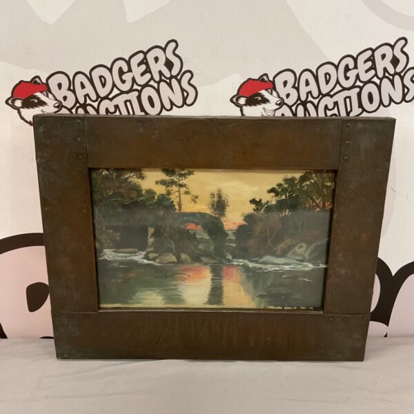 Antique watercolour painting of a tropical river scene in copper frame.