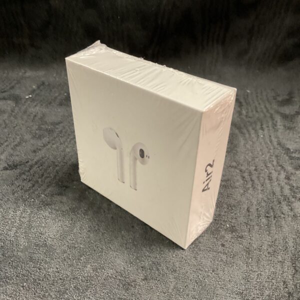 Sealed Apple AirPods 2 box, front view, wireless earbuds.