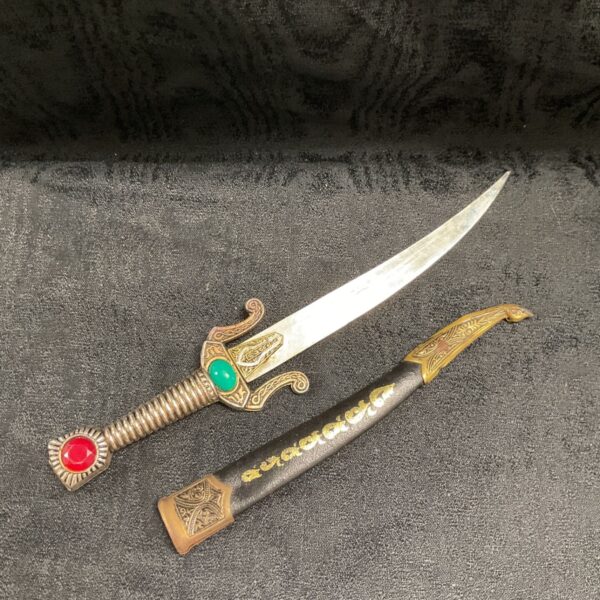 Arabic style sword letter opener with curved blade and ornate gold-tone hilt