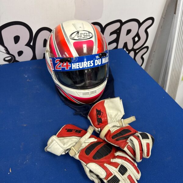 Vintage 1985 Arai Quantum motorcycle helmet with RS gloves.