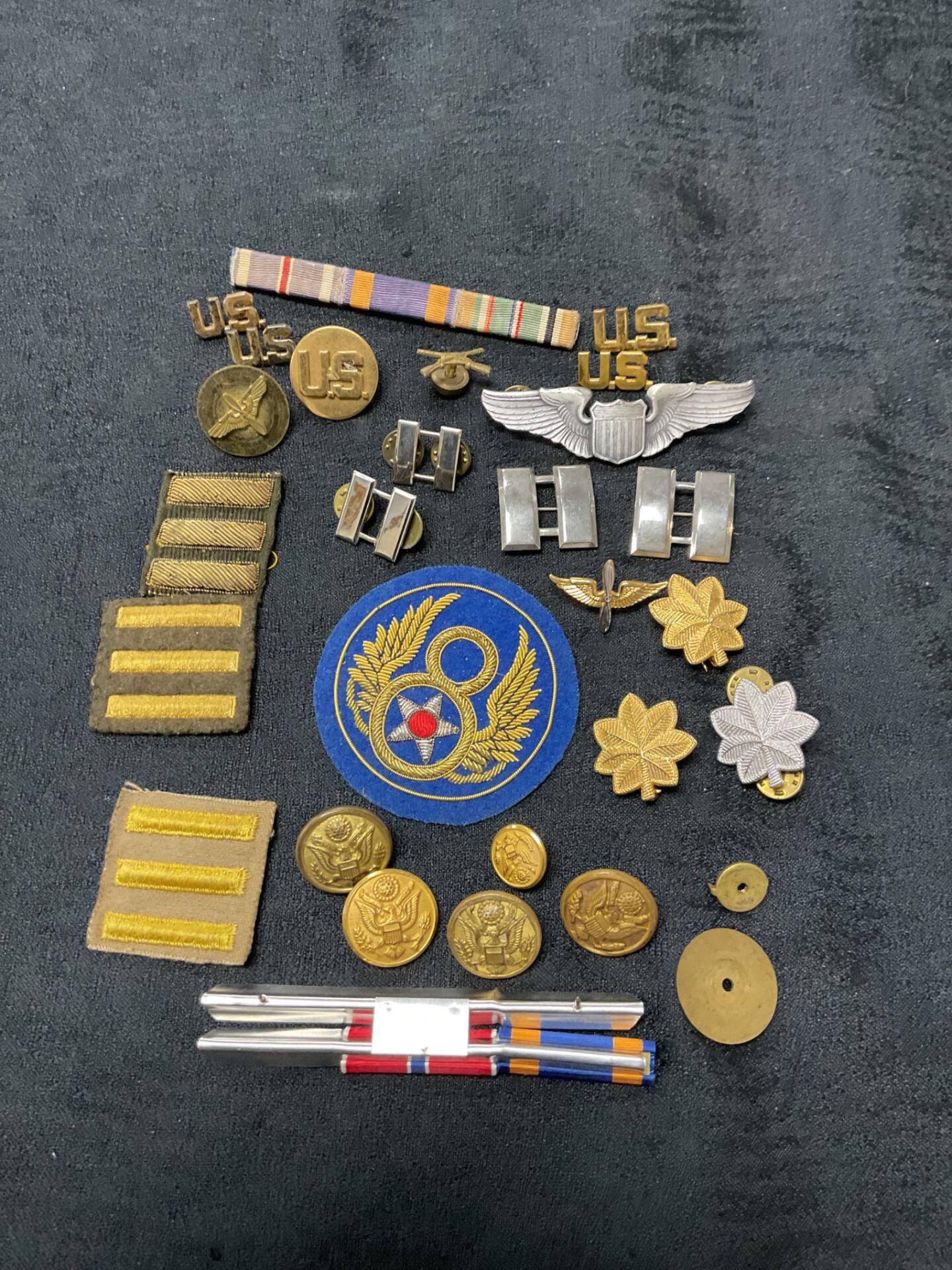 779 Collection of American Army and 8th Airforce Badges Medal Bars Buttons and pins
