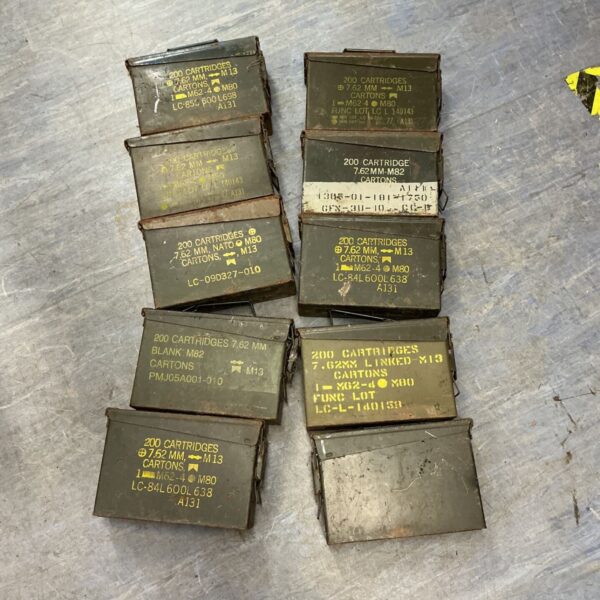 Lot of ten vintage US Army ammo boxes for .30 caliber ammunition.