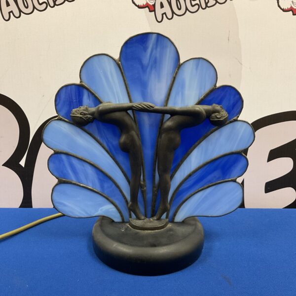 Art Deco style figural table lamp with twin female figures and blue glass fan panels