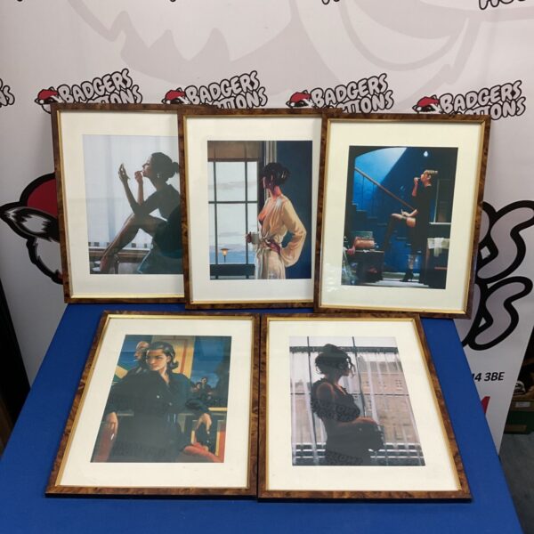 Set of five framed Art Deco lady prints for vintage wall decor.