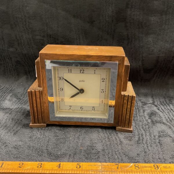 Vintage Art Deco oak Bentima mantel clock with cream dial and stepped case
