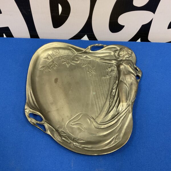Art Nouveau pewter card tray with embossed maiden and harp design