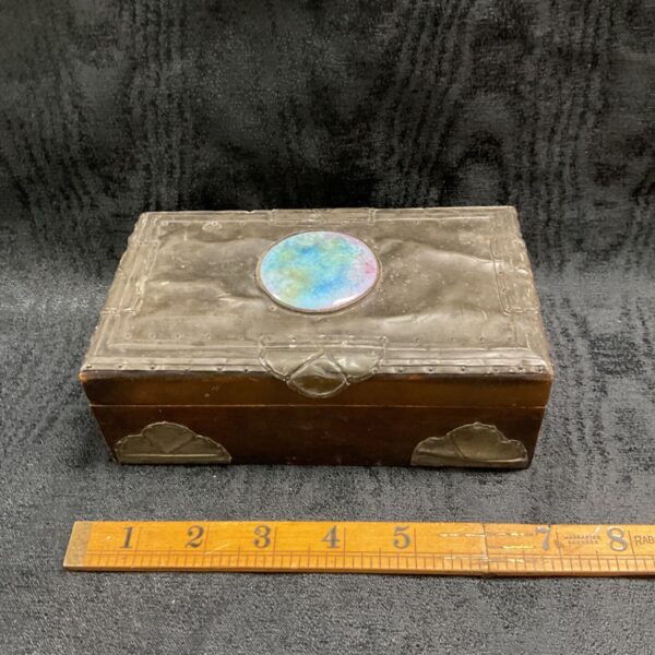 Arts and Crafts wooden box with hammered metal lid and Ruskin stone inset