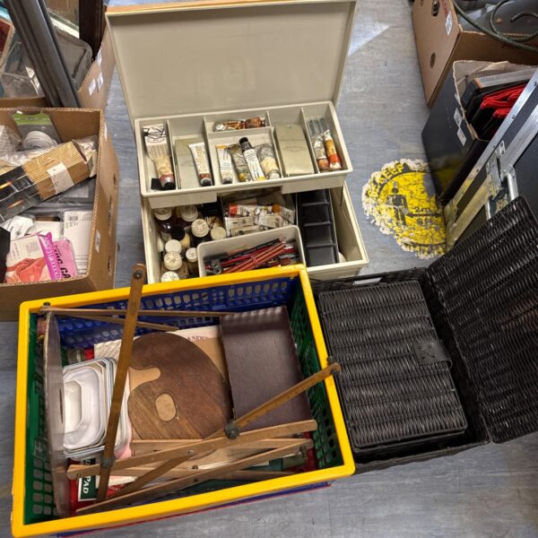 Job lot of arts and crafts supplies in storage boxes.