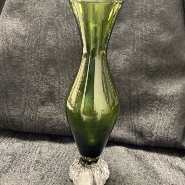 Vintage Aseda Sweden green glass vase with flared shape.