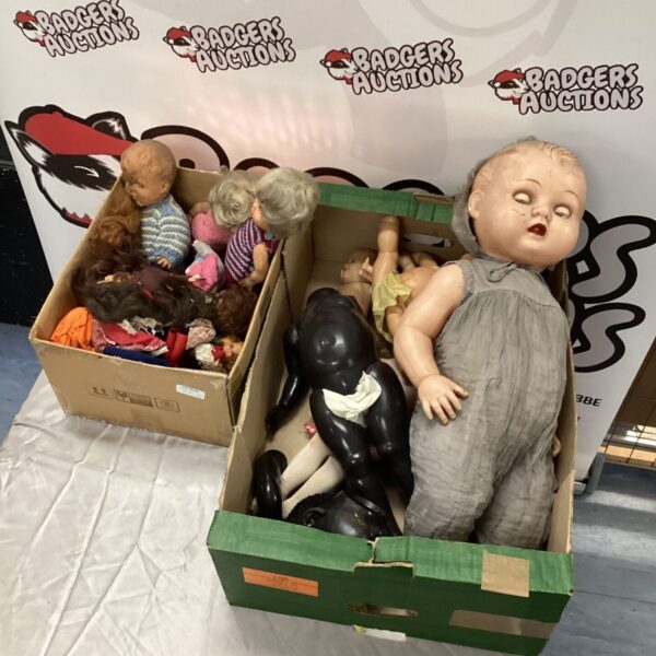 Two cardboard boxes containing assorted baby dolls and loose doll clothing