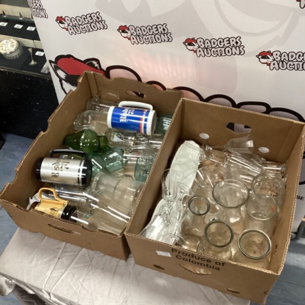 Two boxes of assorted glassware, bottles, vases and drinking glasses