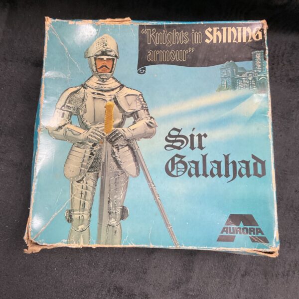 Vintage Aurora Sir Galahad model kit box with knight illustration.