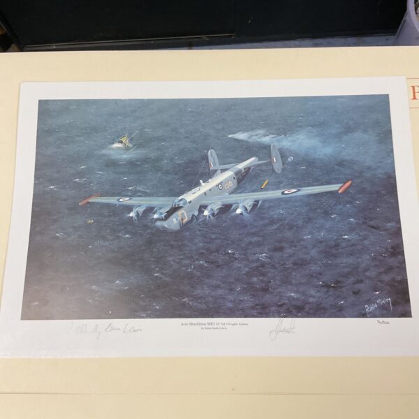 Signed limited edition Avro Shackleton print depicting a military aircraft.