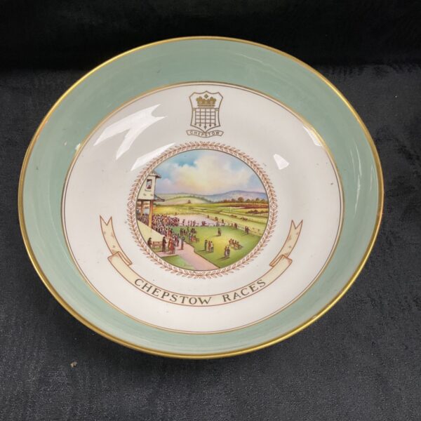 Aynsley Chepstow Races hand painted porcelain bowl with green border and gold rim