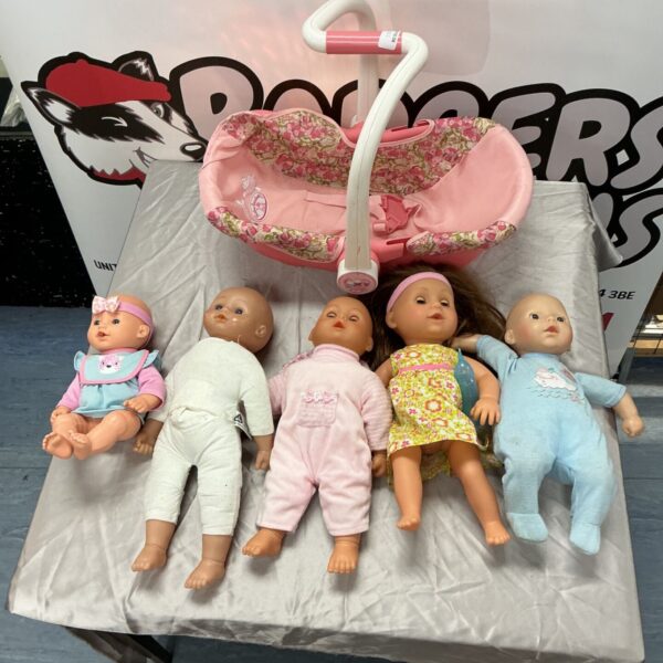 Baby Annabel pink floral doll basket with five baby dolls