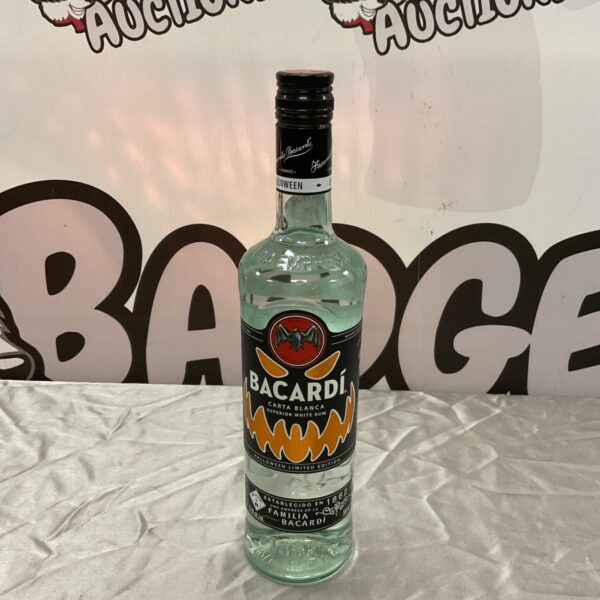 Sealed Bacardí Carta Blanca Halloween Limited Edition white rum bottle with pumpkin-face label