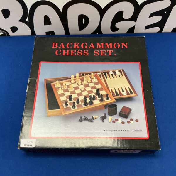 Open backgammon chess set showing the board and pieces.
