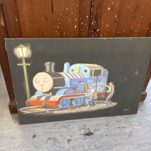 Banksy canvas print of figures spraying graffiti on Thomas the Tank Engine