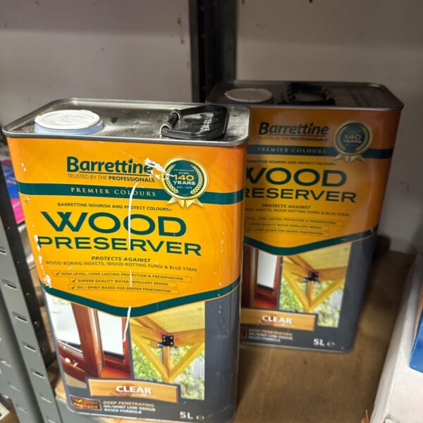 Barrettine 5L clear wood preserver tin for timber protection.