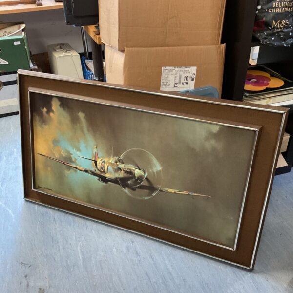 Framed Barrie A F Clark Spitfire print, vintage aviation artwork.