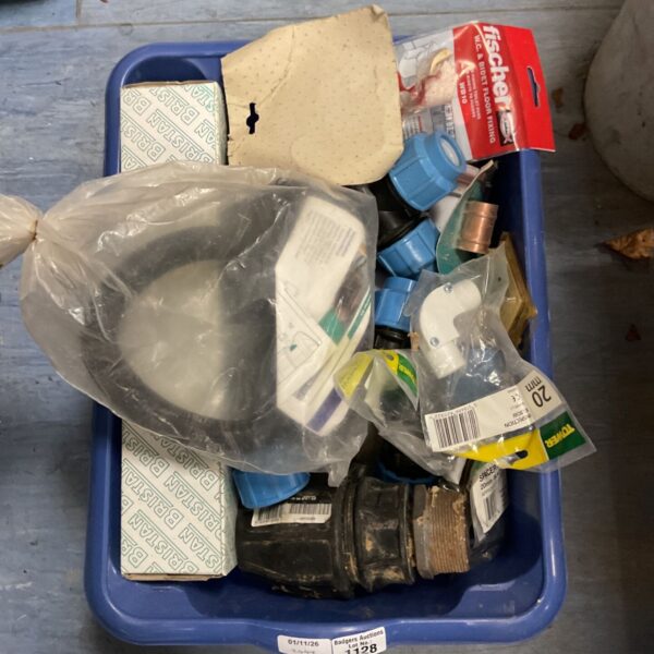 Blue crate of mixed bathroom plumbing fittings and fischer floor fixings