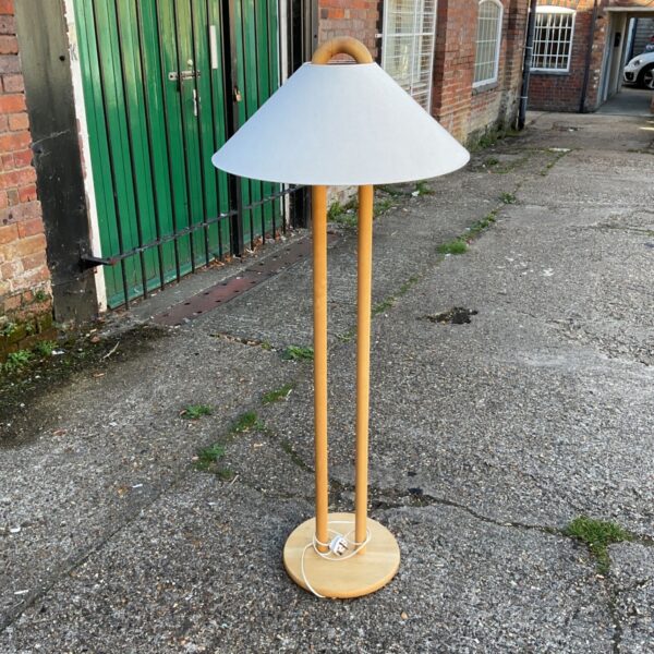 Vintage beachwood floor lamp with conical shade.